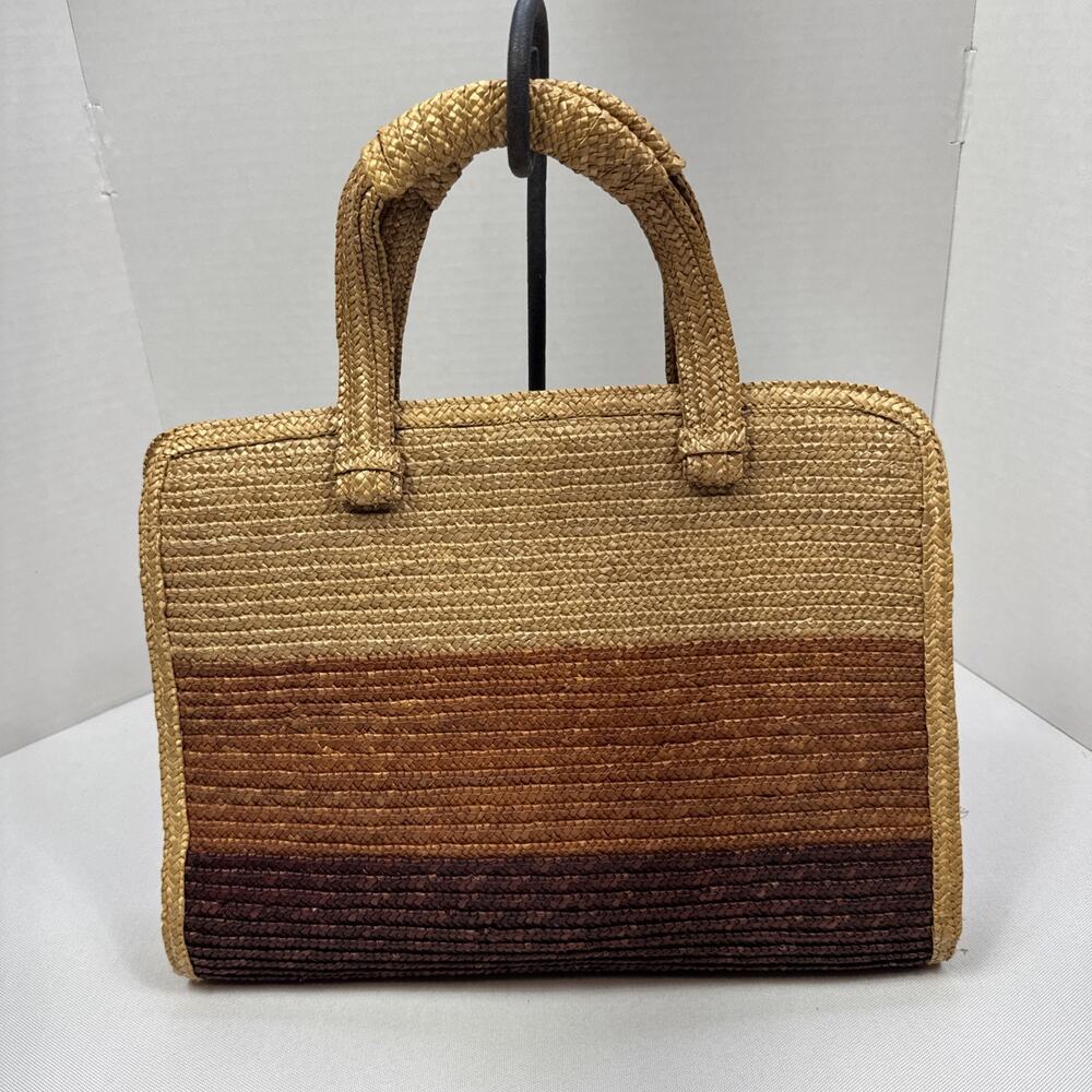 Vintage 1970s Tianjin Straw Woven Box Tote Bag Large MCM Striped Top Handle Boho
